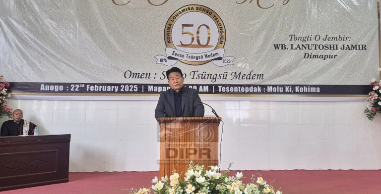 Lanutoshi Jamir addressing the KLST Golden Jubilee celebration at Molu Ki, Kohima.